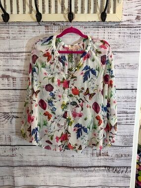 Philosophy White Floral Button-Front Blouse with Multicolor Print